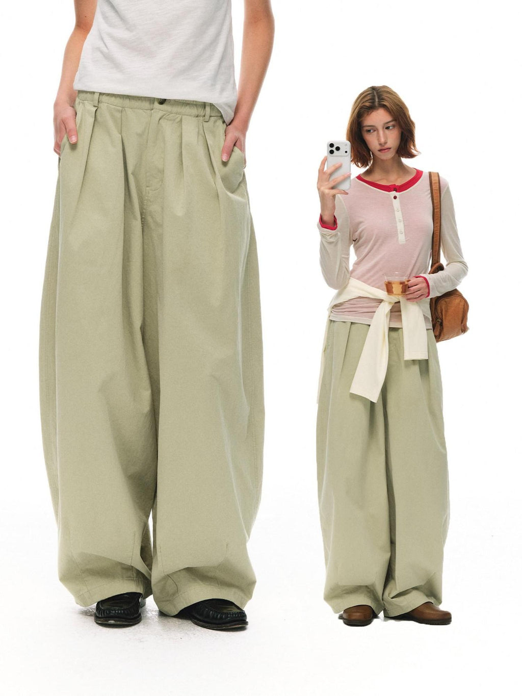 Country Moment Soft Cotton Khaki Pleated Zipper Mid Waist Balloon Casual Wide Leg Pants