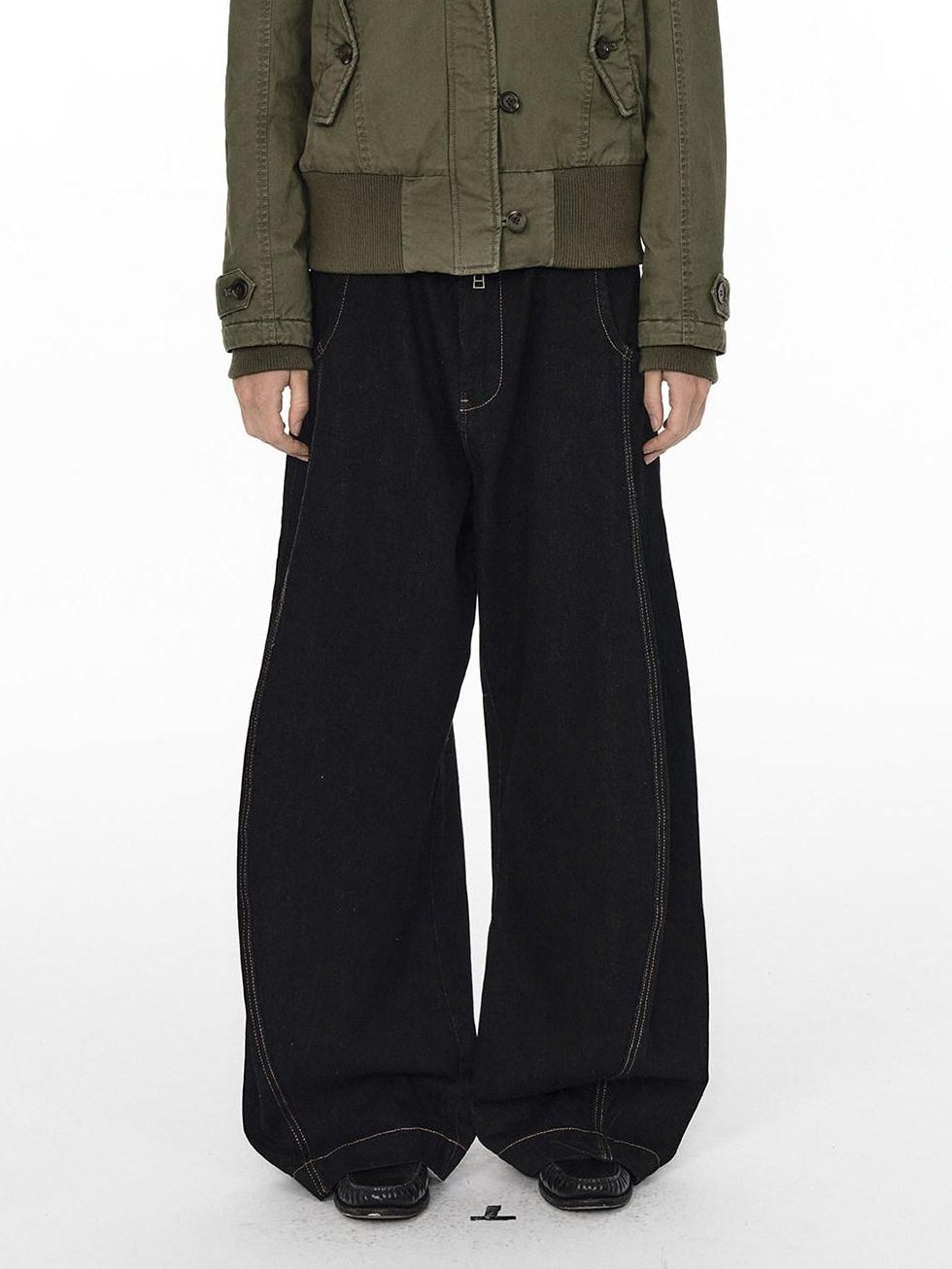 Country Moment Mid Rise Contrast Stitching Loose Fit Unisex Cotton Blend Black Wide Leg Jeans