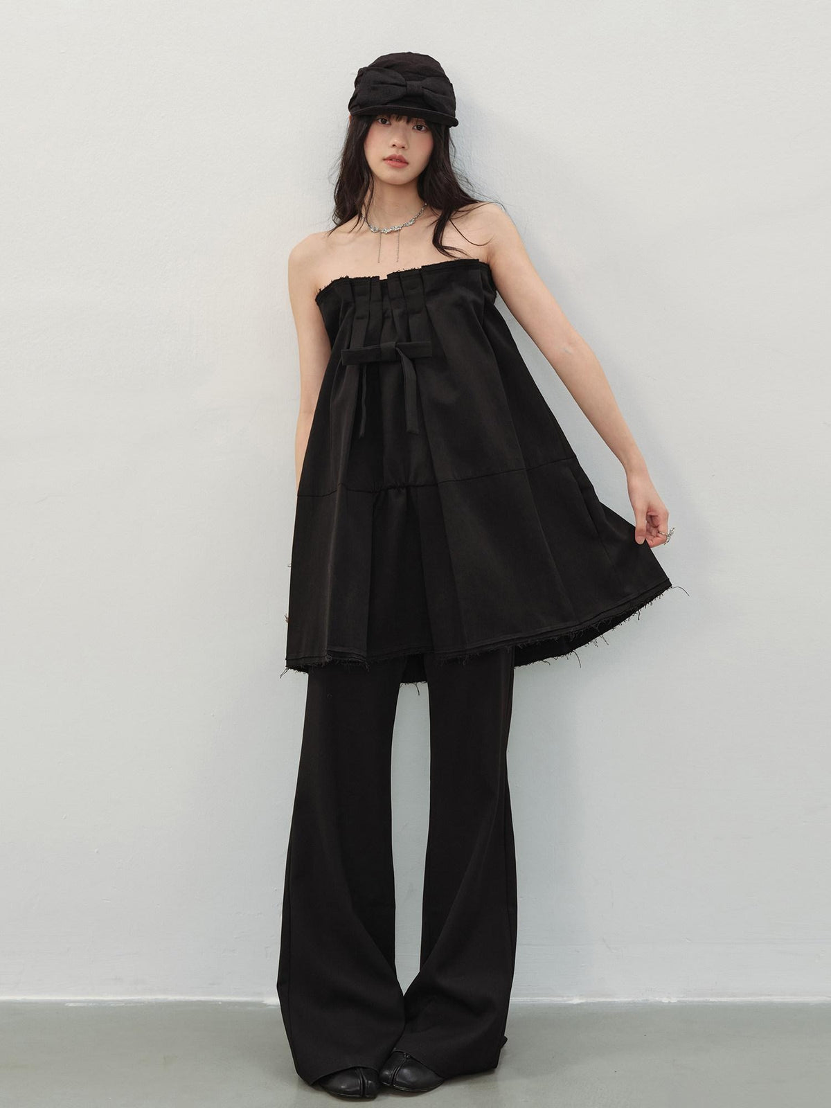 DDGIRL studio Soft Cotton Blend High Waist Bow A Line Strapless Workwear Women Mini Dresses