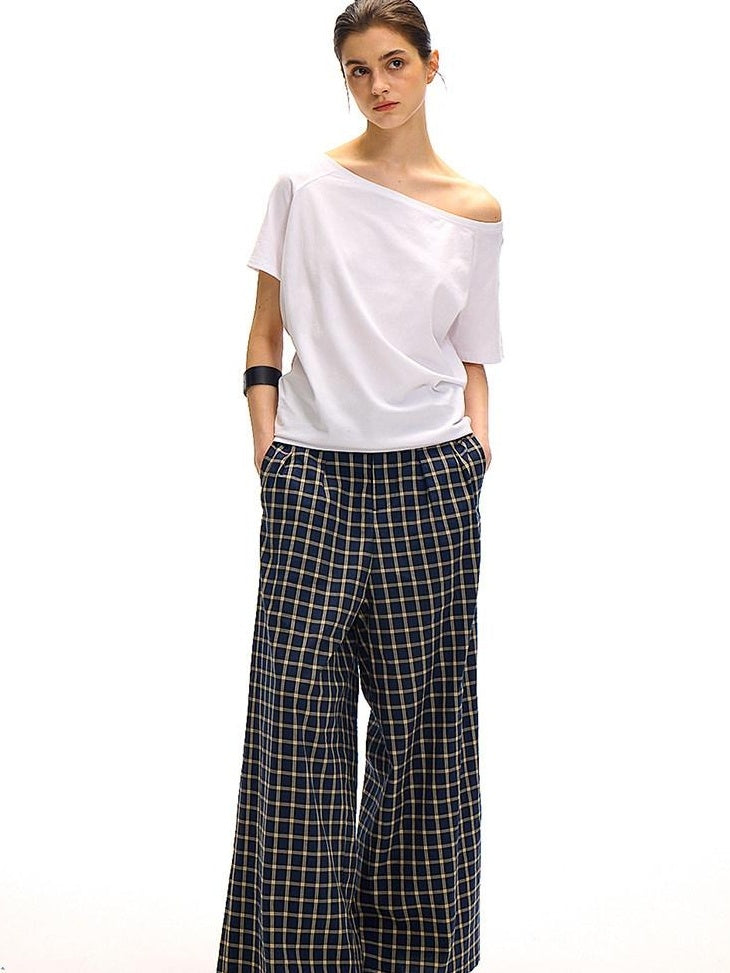 Country Moment Versatile Minimal Indigo Check Cotton Natural Waist Straight Wide Leg Pants