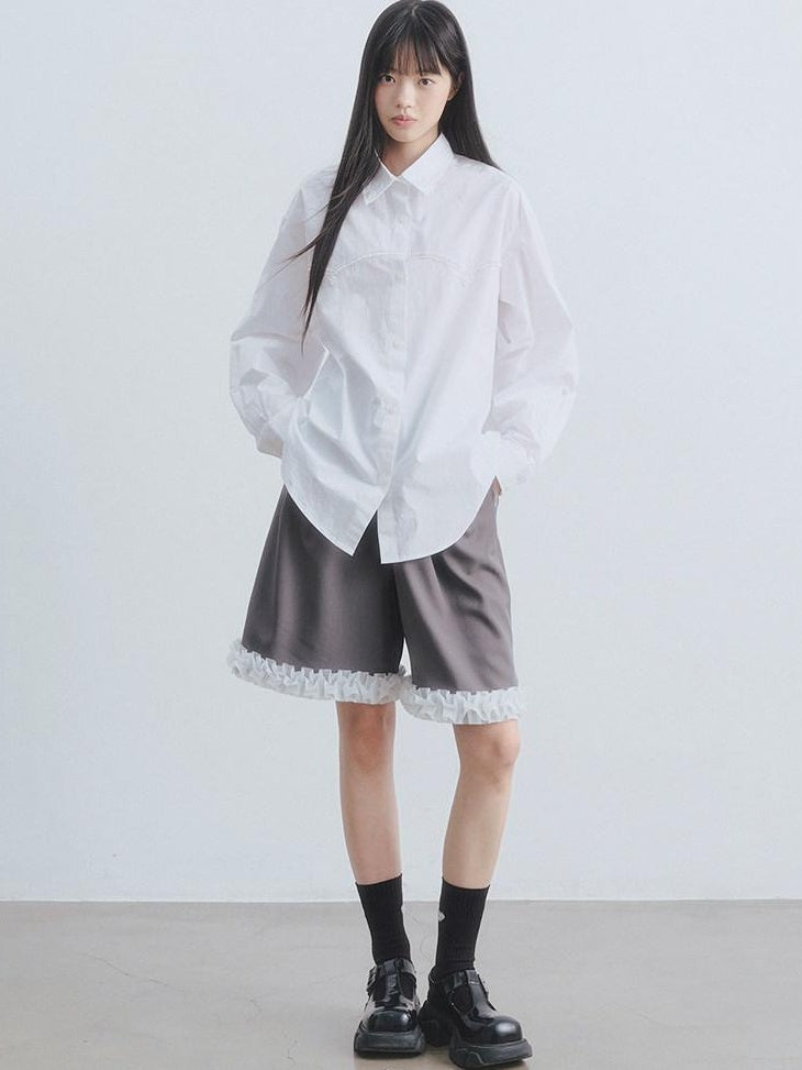 DDGIRL studio High Waist Wide Leg Workwear For Women Grey Polyester Stretch Mid-Length Shorts