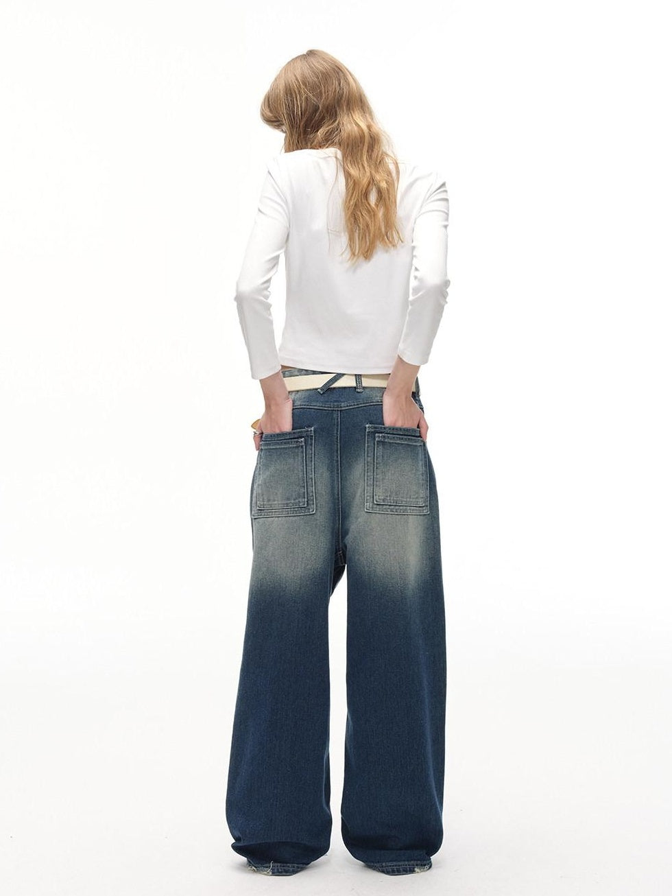 Country Moment Gradient Distressed Mid Rise Loose Straight Everyday Denim Blue Wide Leg Jeans