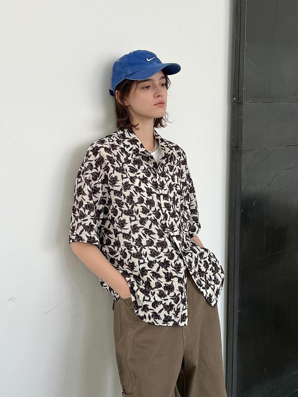 Country Moment Black White Floral Square Neck Loose Short Sleeve Casual Teen Americana Shirts