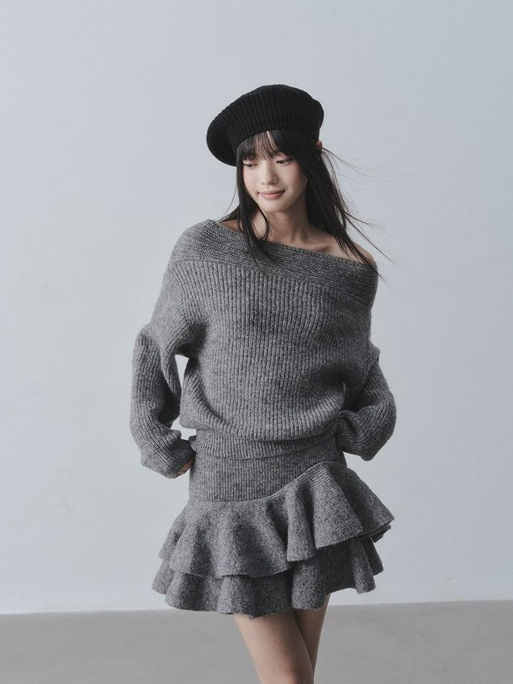 DDGIRL studio Cozy Knit Warm Girly Ruffle Bardot Neckline High Waist Grey Top & Skirt Sets