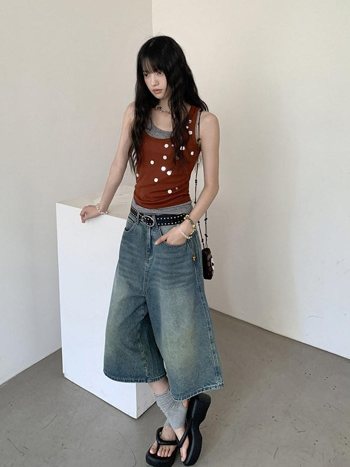 DDGIRL studio Stretch Cotton Knit Slim Camisole U Neck Sequin Women Office Top & Pants Sets