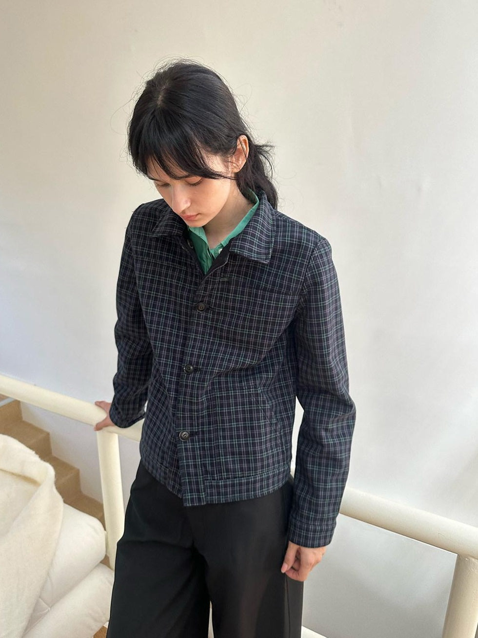 Country Moment Reversible Warm Edgy Slim Plaid Lapel Unisex Black Polyester Cropped Jackets
