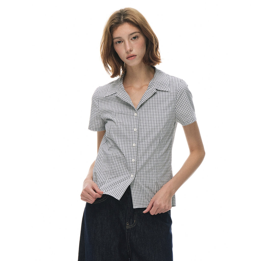 Country_Moment_Cotton_Fitted_Button_Cuban_Collar_Black_White_Plaid_Short_Sleeve_Women_Shirts_MISSTT