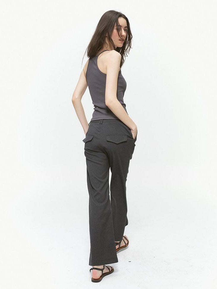Country Moment Office Slim Mid Rise Tailored Dark Gray Striped Flared Pants