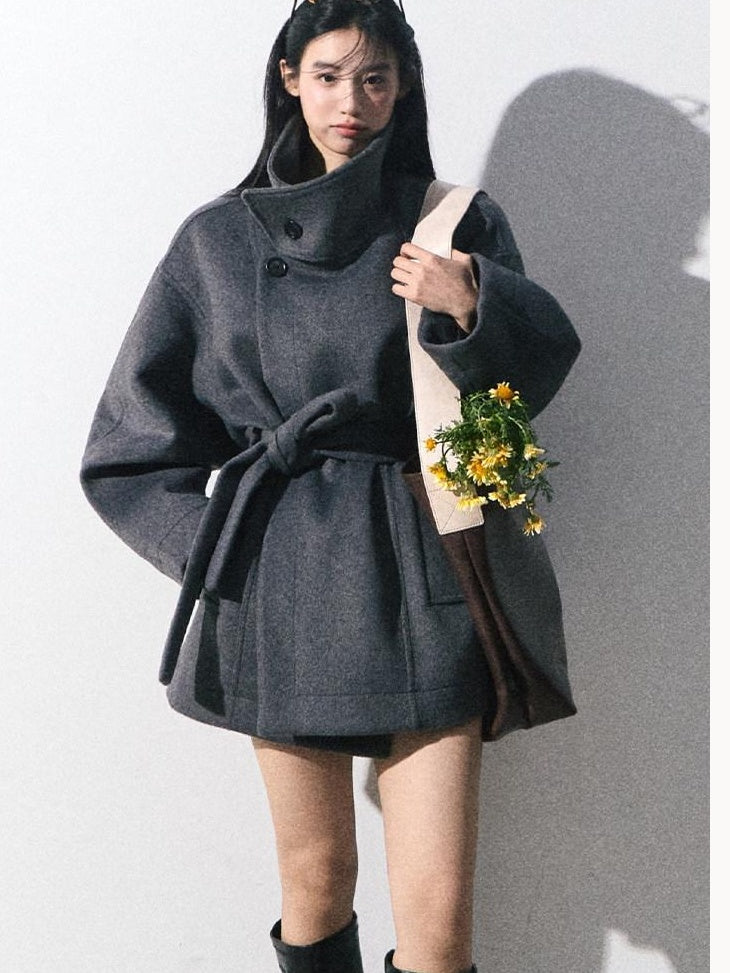 7 OAKMOO Warm Thick Stand Collar Mid Length Loose Fit Commuter Womens Wool Coats
