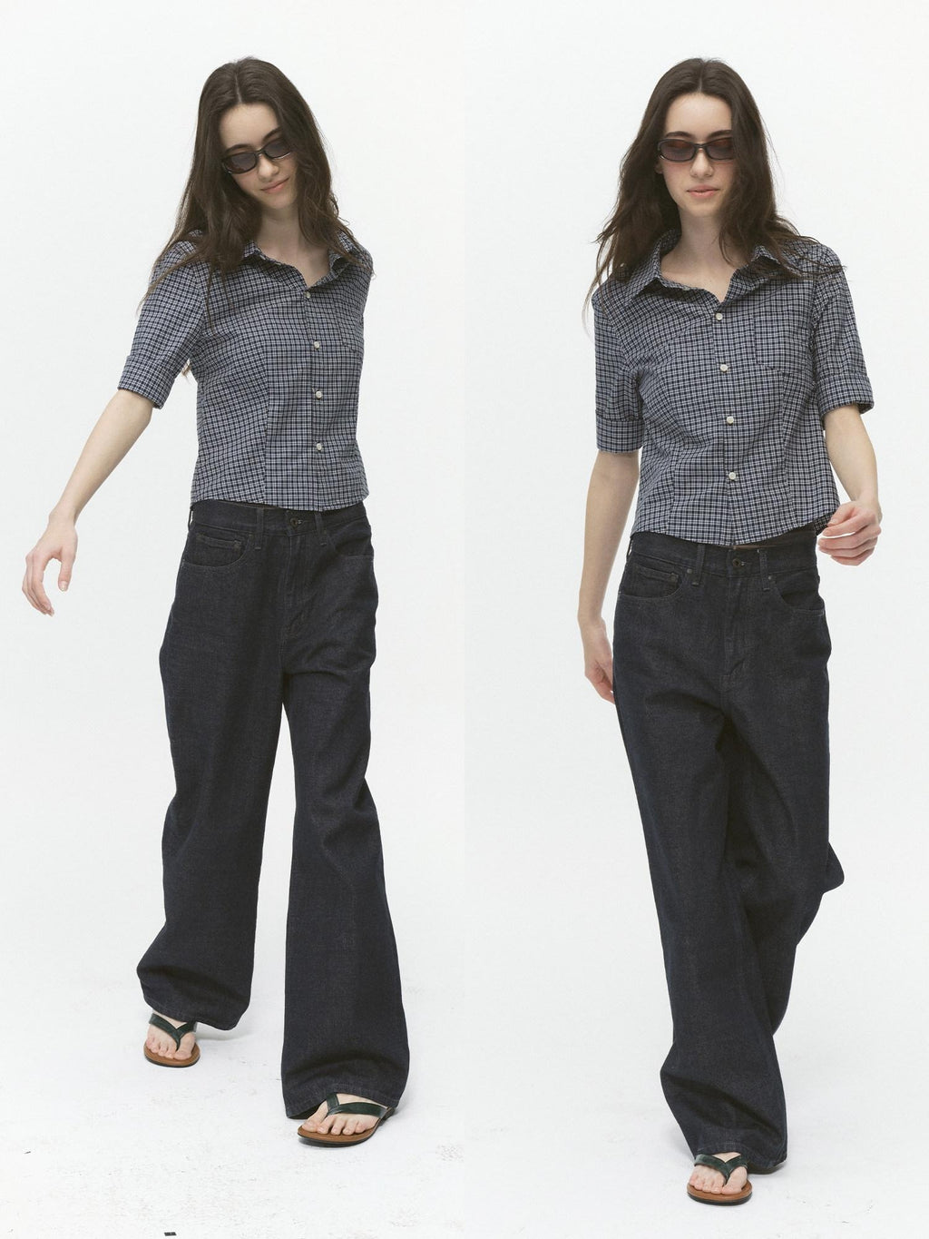 Country Moment Breathable Cotton Cropped Straight Revere Women Navy Plaid Shirts