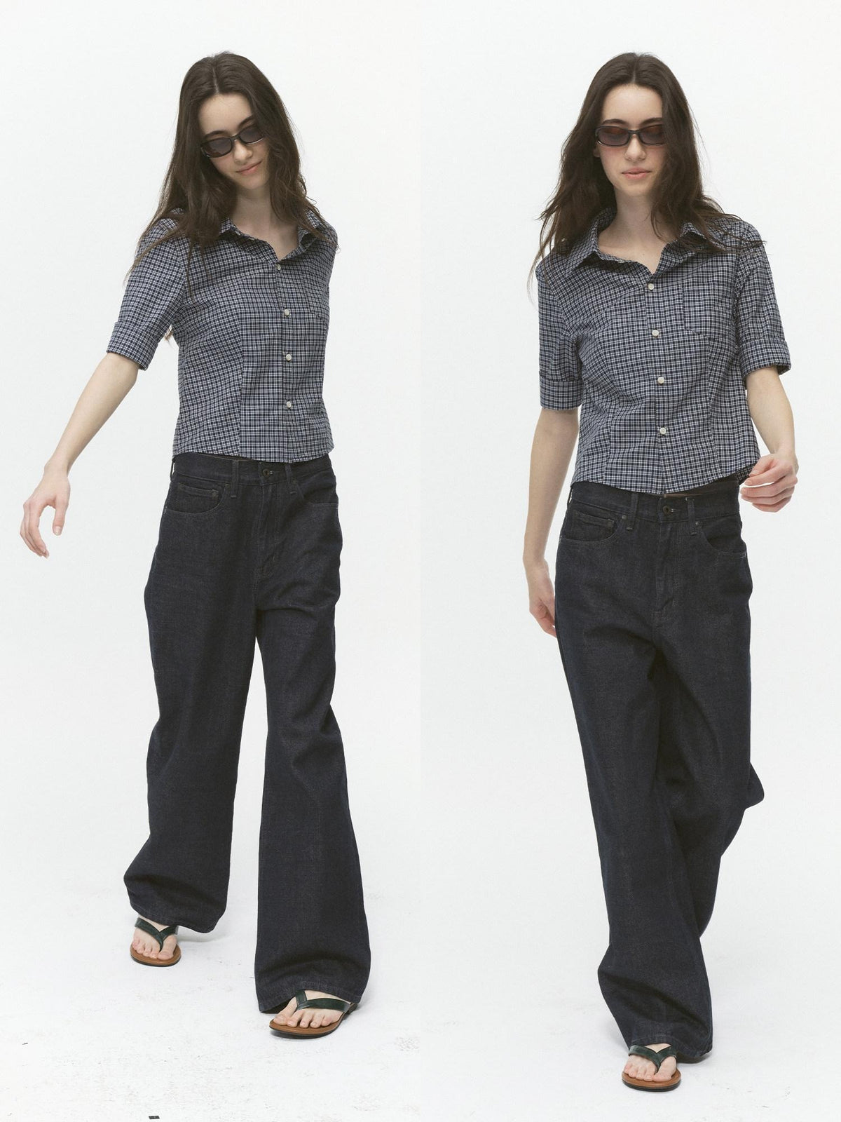 Country Moment Breathable Cotton Cropped Straight Revere Women Navy Plaid Shirts