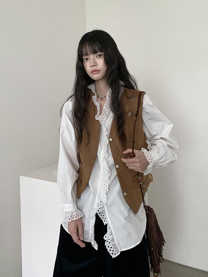 DDGIRL studio Cotton Ruffle Lace Loose V-neck Cardigan Office Casual Women Breathable Shirts