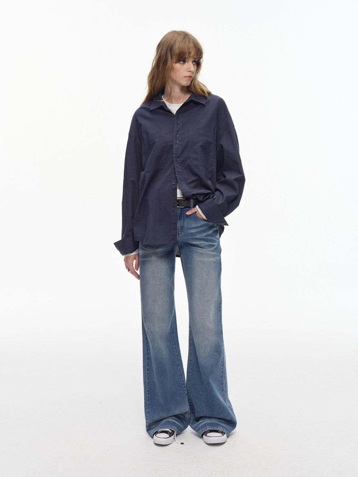 Country Moment Comfortable Low Rise Slim Fit Gradient Zipper Fly Washed Blue Flared Jeans