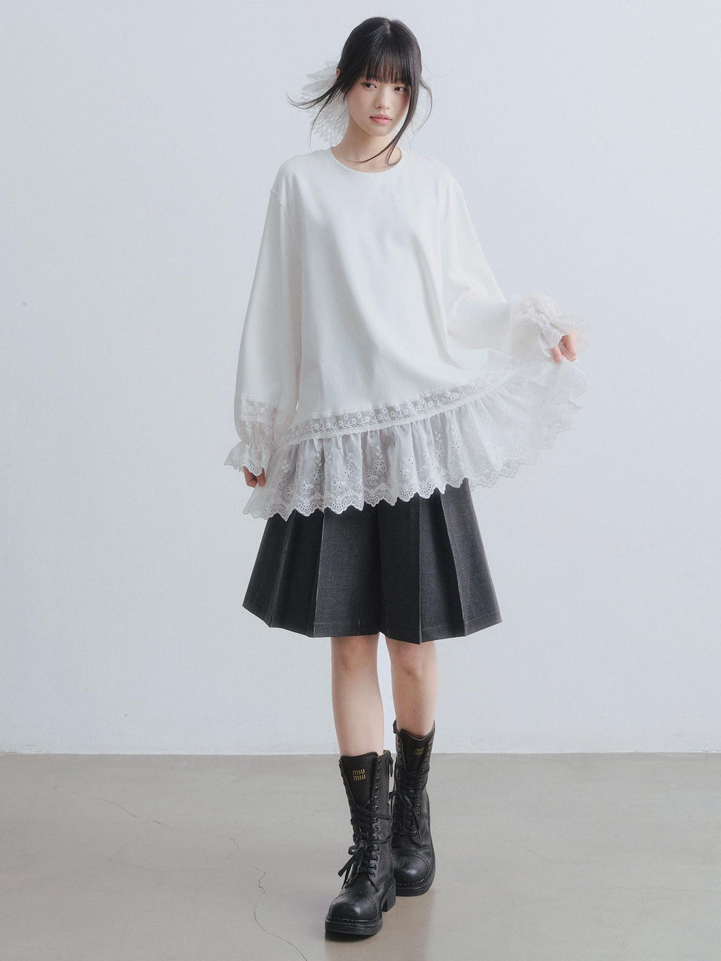 DDGIRL studio Layered Lace Oversized Puff Sleeve Womens Cotton White Long Sleeve T-Shirts