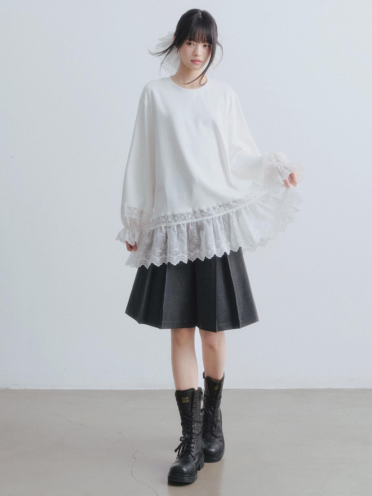 DDGIRL studio Layered Lace Oversized Puff Sleeve Womens Cotton White Long Sleeve T-Shirts