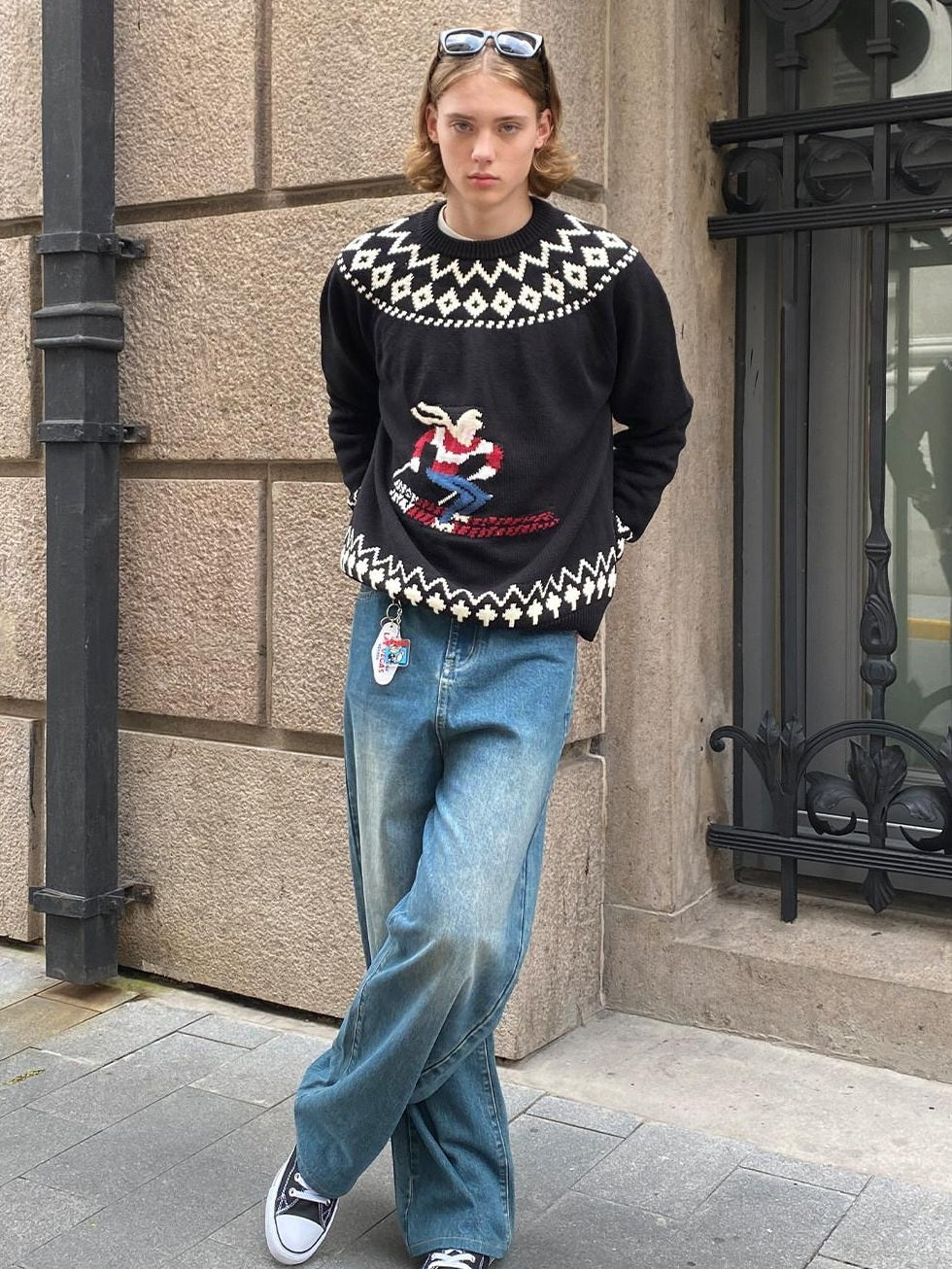 Country Moment Breathable Cotton Retro Washed Mid Rise Relaxed Mens Deep Blue Wide Leg Jeans