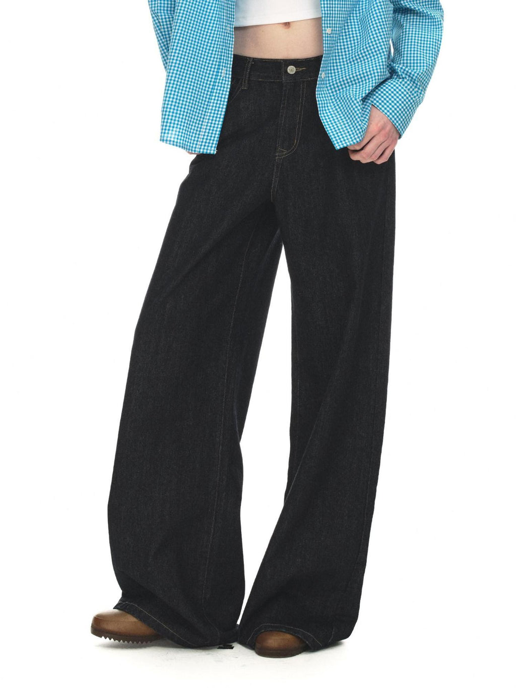 Country Moment Warm Cotton Mid Rise Loose Retro Button Fly Black Casual Commuter Wide Leg Jeans