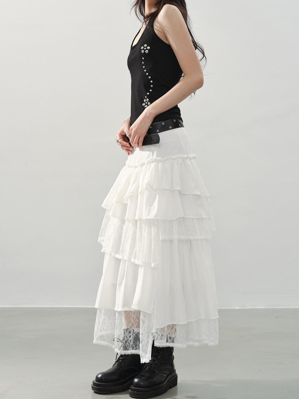 DDGIRL studio Shape Retaining Asymmetric Tiered High Waist Lined Lace Linen Women Midi Skirts