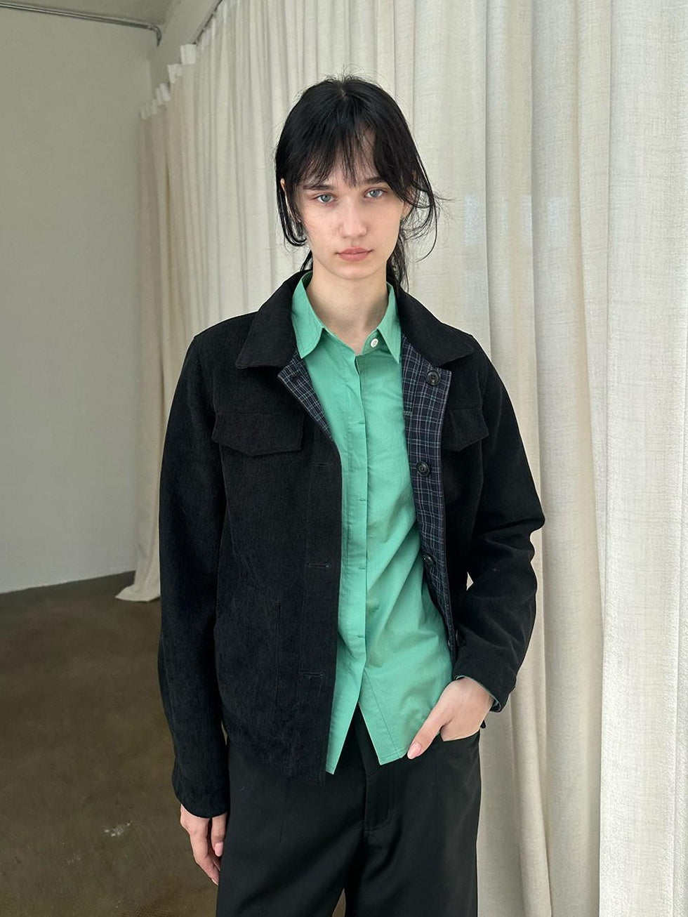 Country Moment Reversible Warm Edgy Slim Plaid Lapel Unisex Black Polyester Cropped Jackets