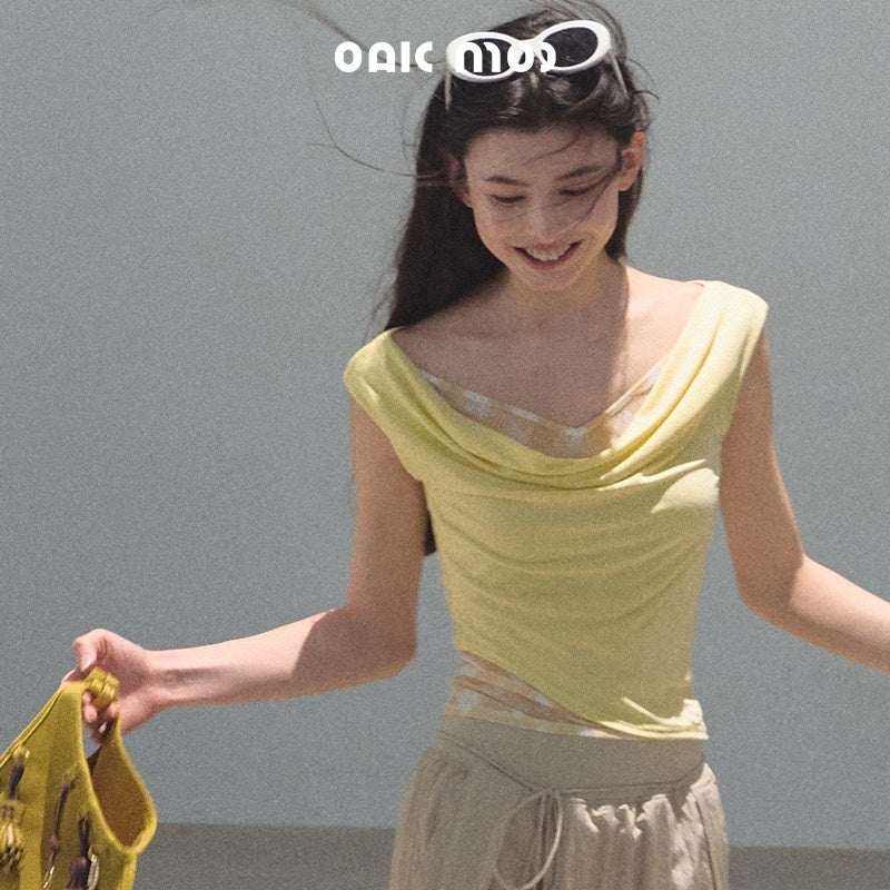 7_OAKMOO_Cooling_Lyocell_Slim_Fit_Patchwork_V-neck_Commuter_Women_Off_Shoulder_Crop_Tops_MISSTT