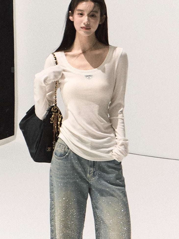 7 OAKMOO Design Washed Blue Shimmer Natural Waist Button Fly Cotton Straight Leg Jeans