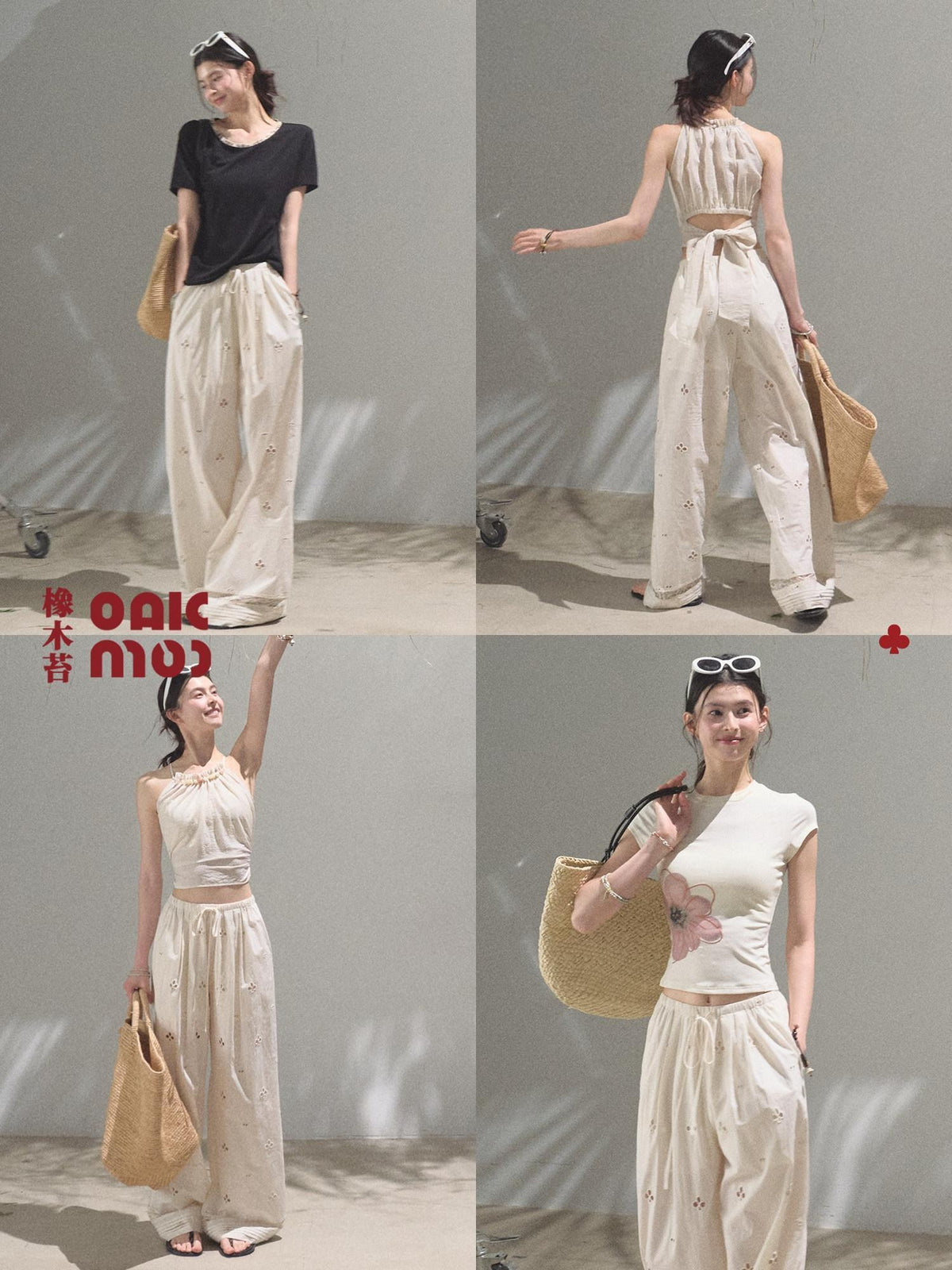 7 OAKMOO High Waist Cotton Drawstring Casual Loose Womens Lily White Straight Pants