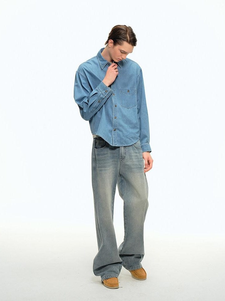 Country Moment Soft Cotton Blend Loose Square Neck Short Sleeve Youth Casual Light Denim Shirts
