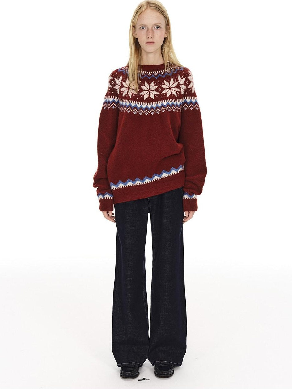 Country Moment Cozy Warm Oversized Snowflake Crewneck Unisex Red Wool Blend Pullover Sweaters