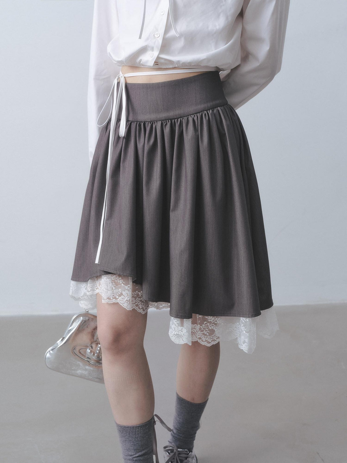 DDGIRL studio Durable Shape Retention Pleated Lace Asymmetric Relaxed Fit High Waist Midi Skirts
