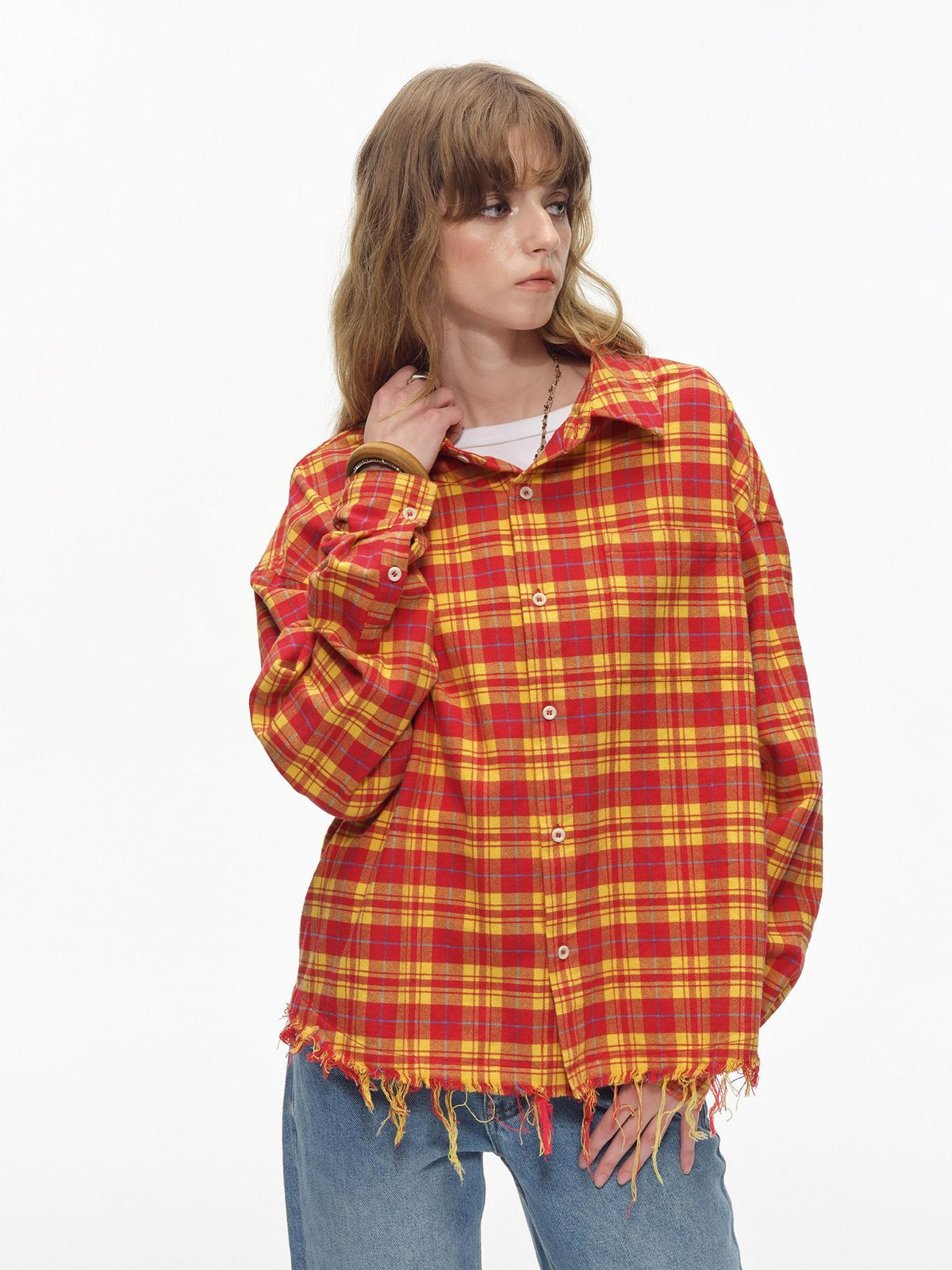 Country Moment Breathable Cotton Loose Plaid Fringe Unisex Longsleeve Button Collar Shirts