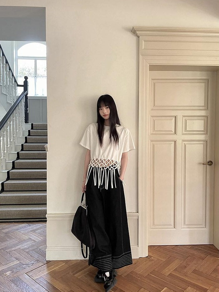 DDGIRL studio White Fringe Cropped Loose 100% Cotton Commuter Crew Neck Short Sleeve T-Shirts