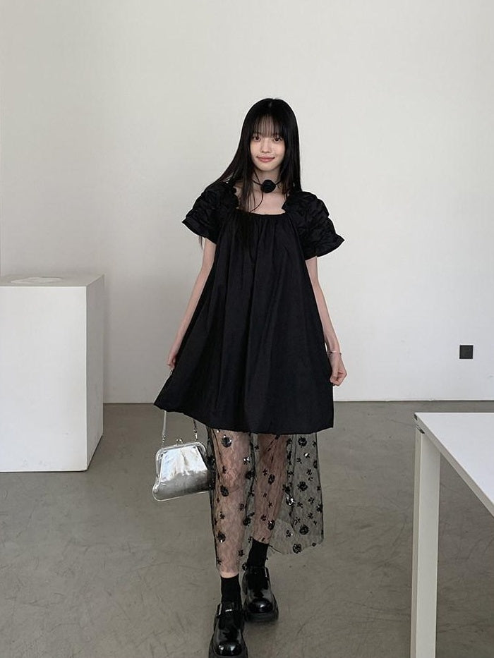 DDGIRL studio 100% Cotton Pullover Bardot Neck A Line Lantern Skirt Workwear Midi Dresses