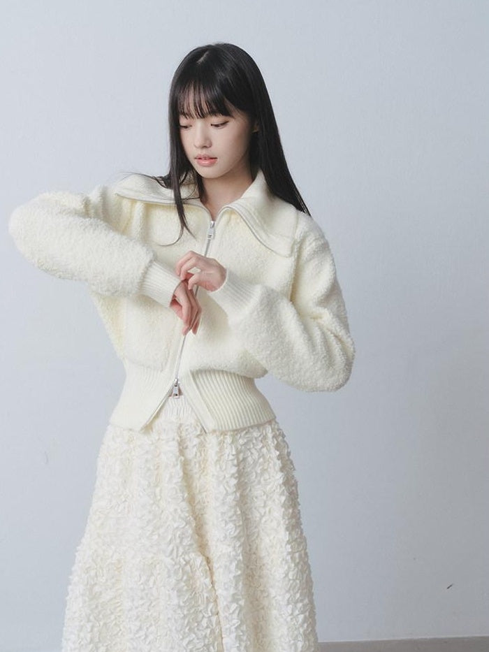 DDGIRL studio Cozy Warm Simple Daydream Waist Cinch Zip Cardigan Acrylic Blend Cream Sweaters