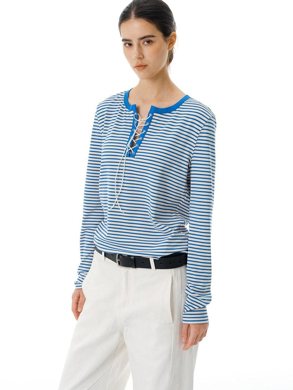 Country Moment Stretch Polyester Henley Tie Blue White Striped Unisex Long Sleeve T-Shirts