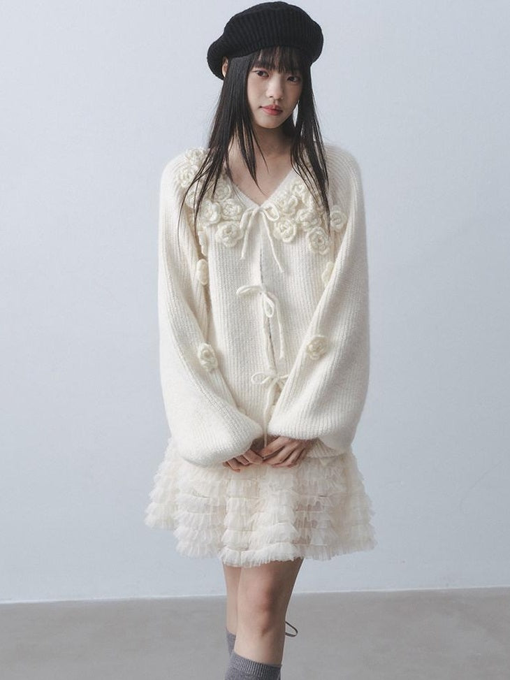 DDGIRL studio Soft Loose V-neck Tie Front Lantern Sleeve 3D Floral Commuter Knit Cardigans