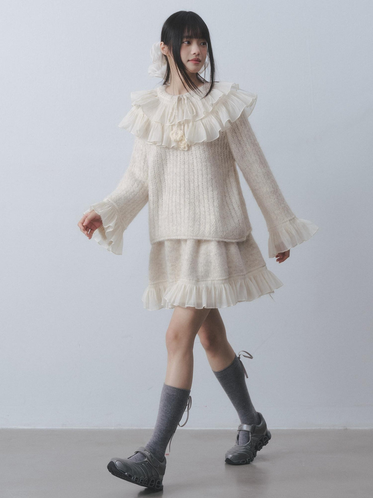 DDGIRL studio Warm Knitted Ruffle Pullover Loose Gentle Floral High Waist Top & Skirt Sets
