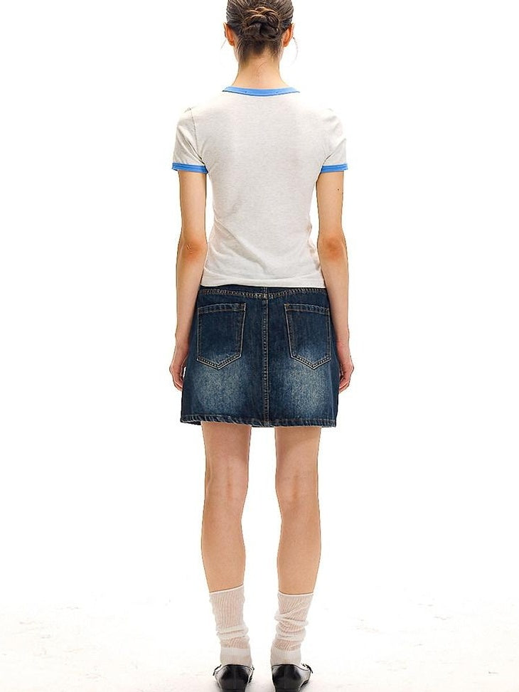 Country Moment Breathable Cotton Blend Vintage Office A Line Solid Blue Black Mini Skirts