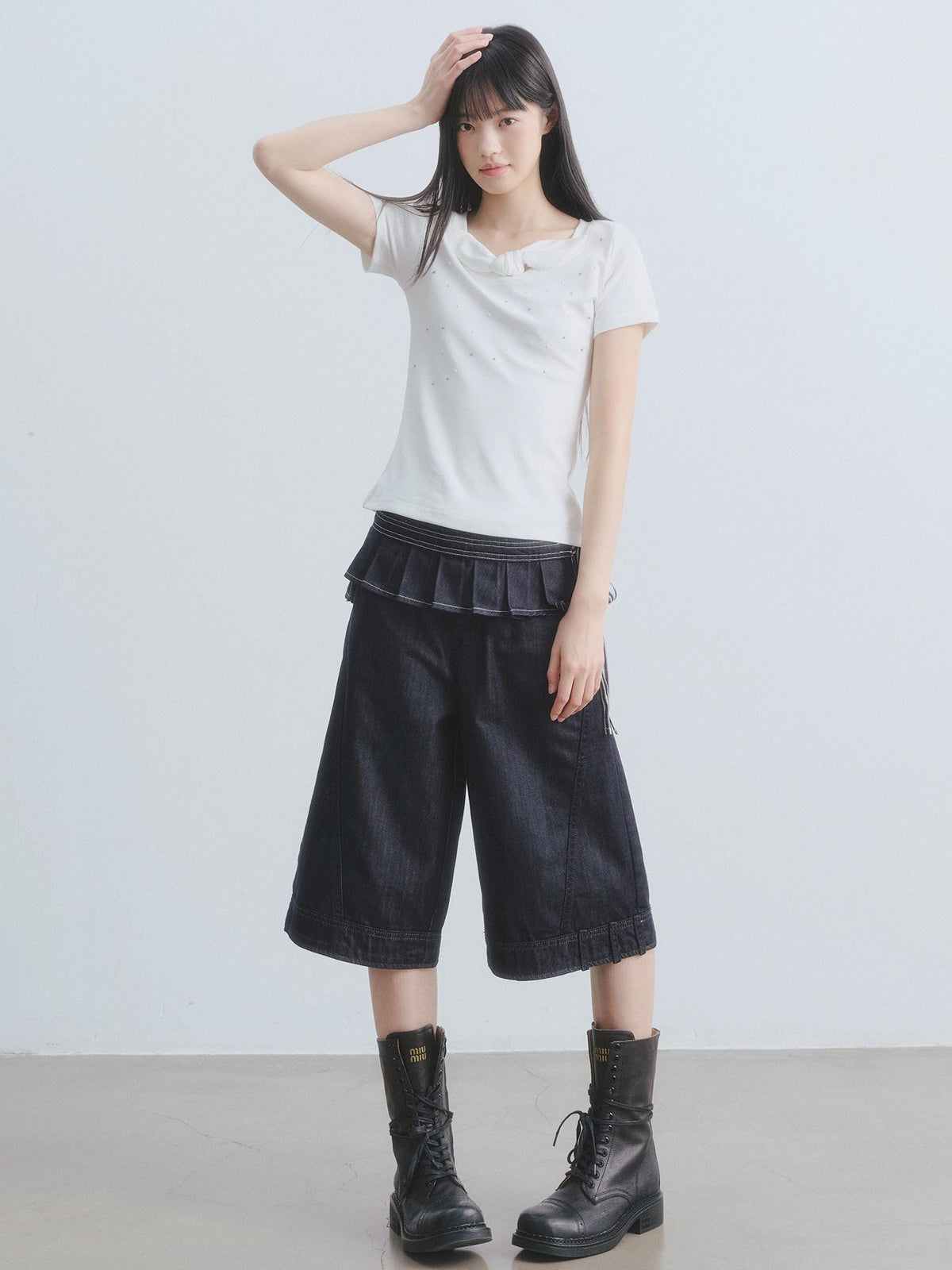 DDGIRL studio Washed High Waisted Pleated Soft Non Stretch Navy Solid Durable Wide Leg Jeans
