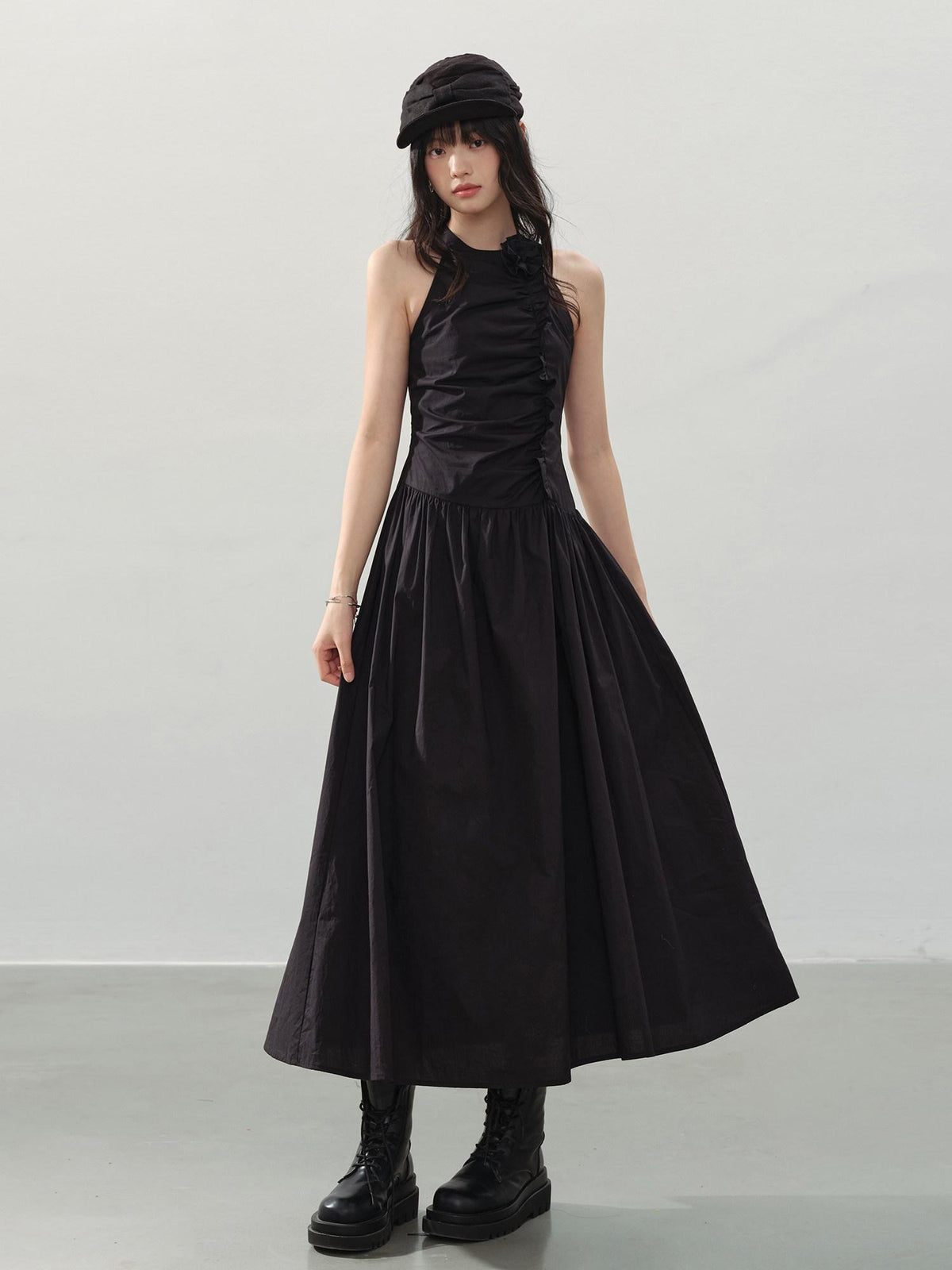 DDGIRL studio Elegant High Waist A Line Pleated Cotton Hidden Back Zipper Party Maxi Skirts