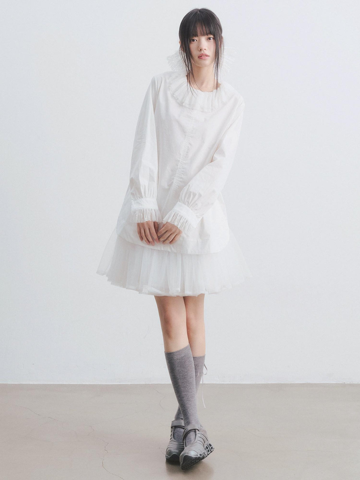 DDGIRL studio Breathable Cotton Lace Doll Collar Petal Sleeve Long Loose Commuter White Shirts