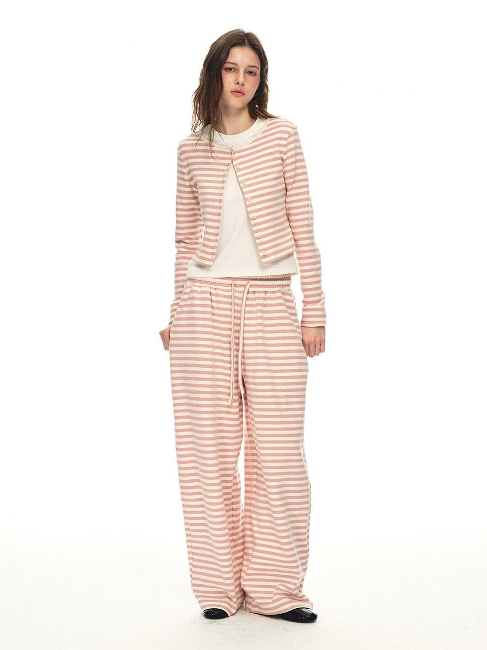 Country Moment Breathable Cotton Slim Fit Piped Pink Striped Casual Top & Pants Sets