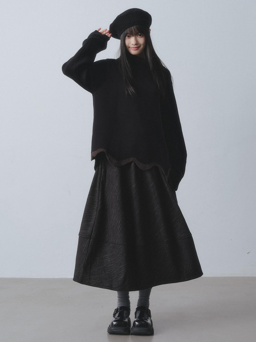 DDGIRL studio Warm Chunky Wave Pullover Oversized Commuter Mock Neck Women Black Sweaters