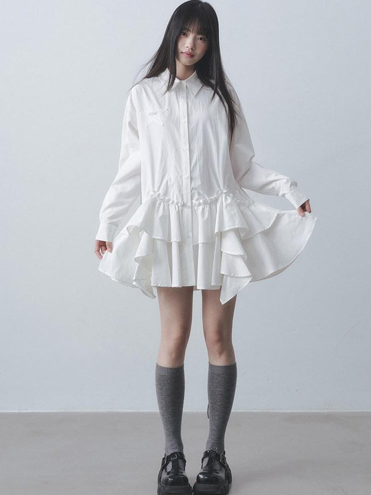 DDGIRL studio High Waist Ruffle Commuter Shirt Dress A Line Women White Button Mini Dresses