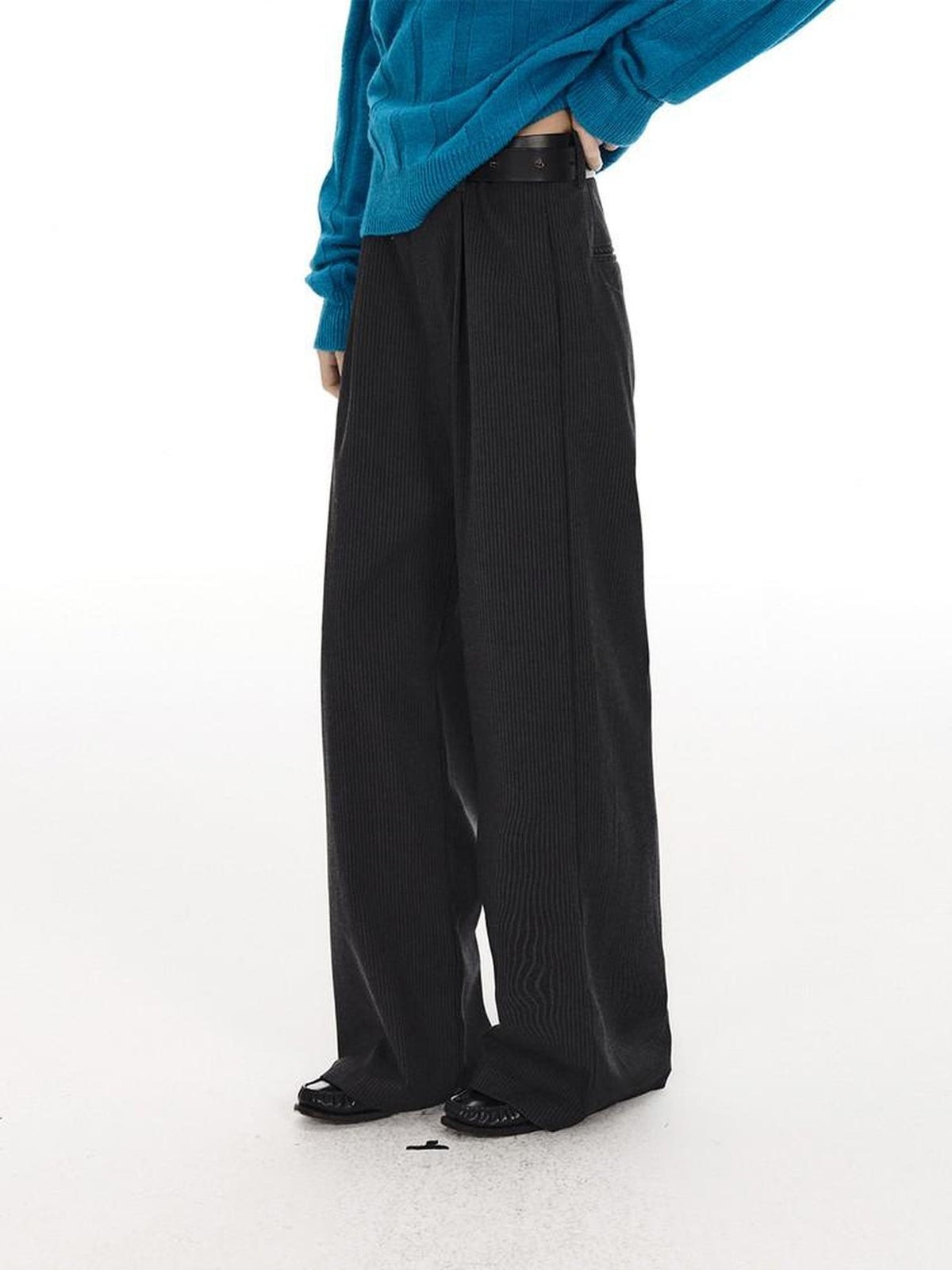 Country Moment Black Striped Midrise Wide Leg Casual Zipper Polyester Straight Pants