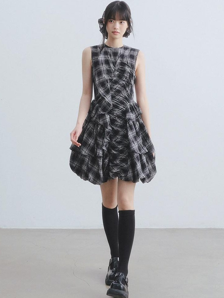 DDGIRL studio Soft Cotton Shirred A Line Sleeveless Checked Workwear Puff Skirt Mini Dresses