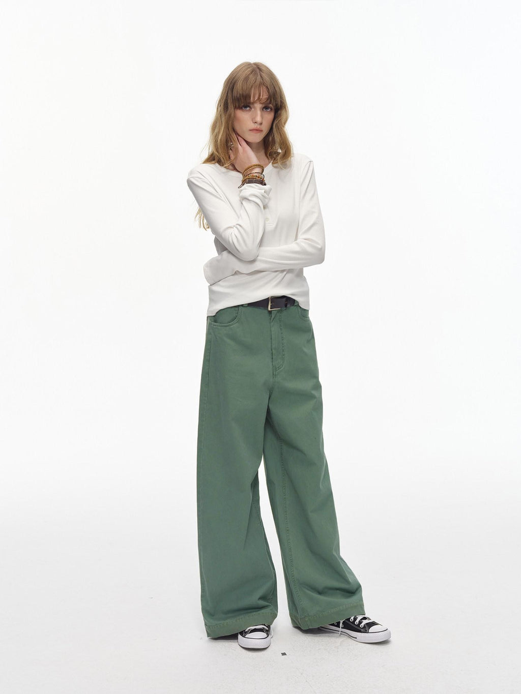 Country Moment Washed 100% Cotton Loose Straight Zipper Fly Youth Everyday Green Wide Leg Pants