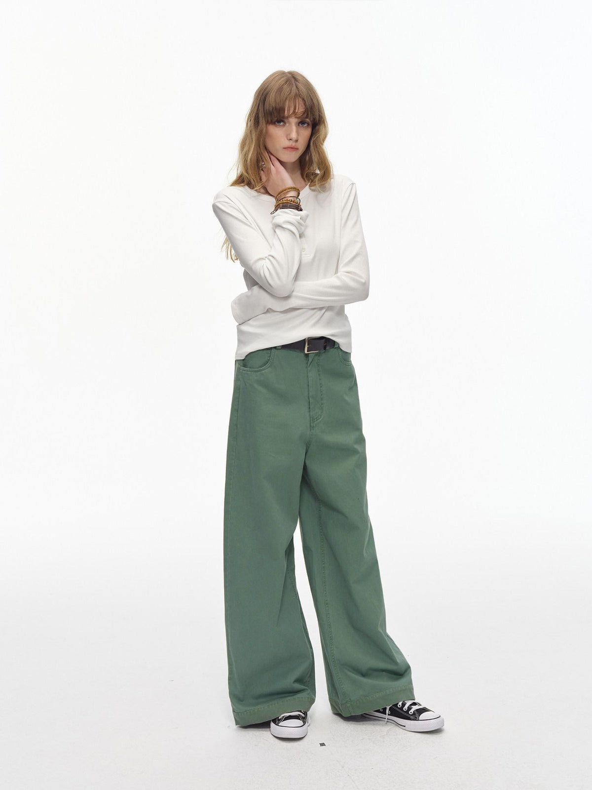 Country Moment Washed 100% Cotton Loose Straight Zipper Fly Youth Everyday Green Wide Leg Pants