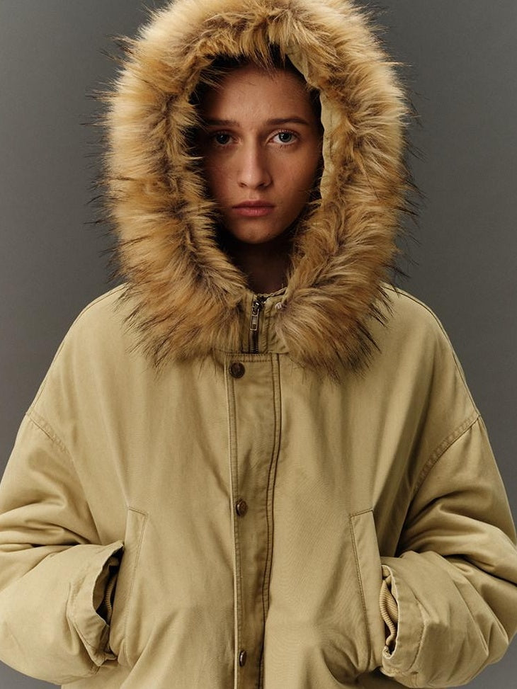 Country Moment Cotton Hooded Straight Fit Mid Length Zipper Street Khaki Green Puffer Jackets
