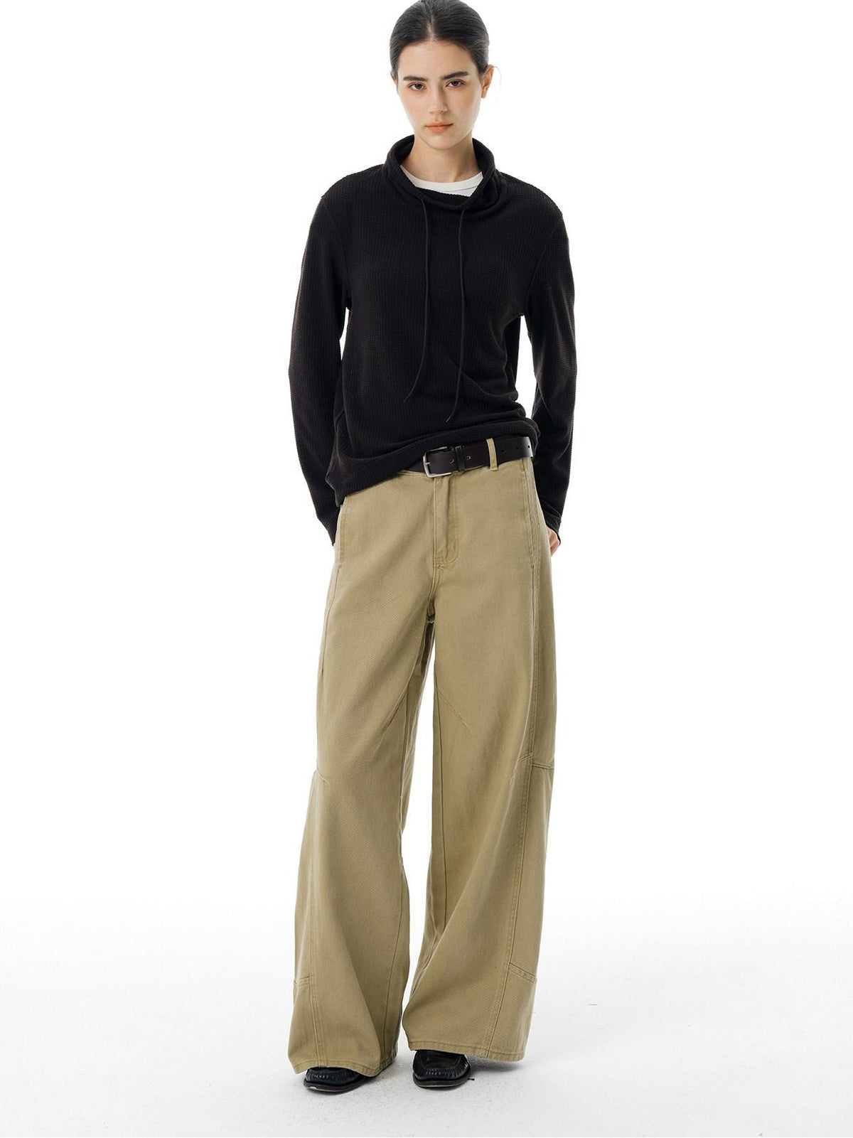 Country Moment Breathable Cotton Mid Waist Patchwork 3D Tailored Casual Khaki Wide Leg Pants