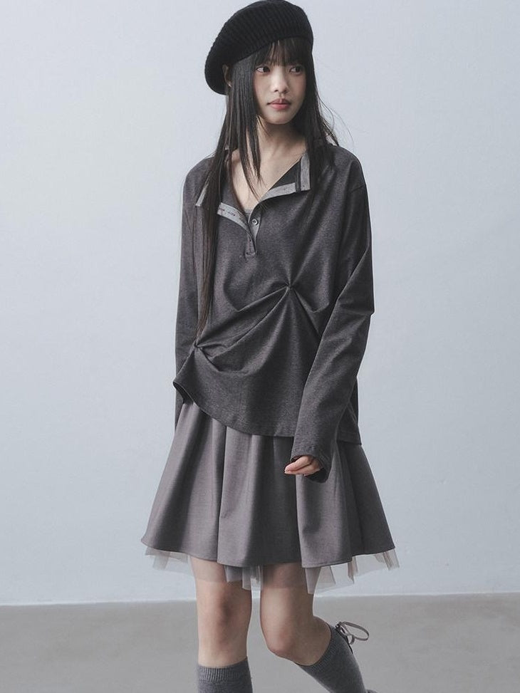 DDGIRL studio Moisture Wicking Long Sleeve Tee Commuter Solid Dark Gray Top & Skirt Sets